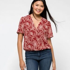 Nine Britton Red Floral V-Neck Blouse